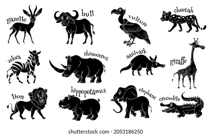 Large set of African animals. Funny characters animals silhouette. Children's illustration. Vector collection.