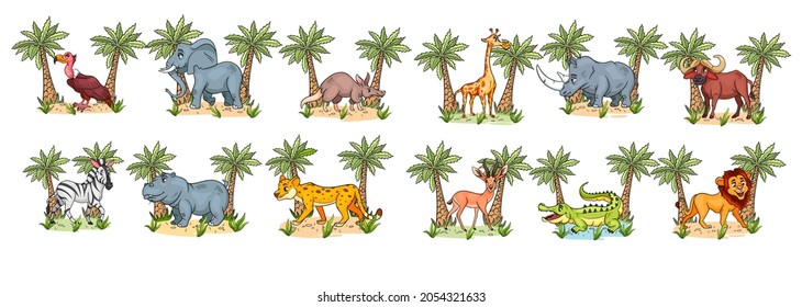 Large set of African animals. Funny animal characters in cartoon style. Children's illustration. Vector collection.