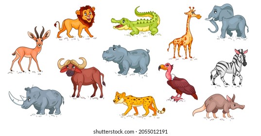 Large set of African animals. Funny animal characters in cartoon style. Children's illustration. Vector collection.