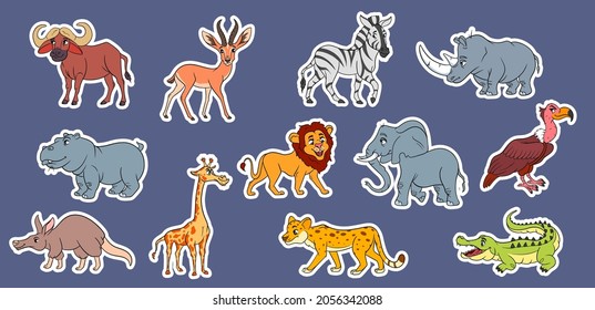 Large set of African animals. Funny animal characters in cartoon style Stickers. Children's illustration. Vector collection.