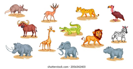 Large set of African animals. Funny animal characters in cartoon style. Children's illustration. Vector collection.
