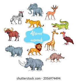 Large set of African animals. Funny animal characters in cartoon style. Children's illustration. Vector collection.