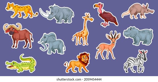 Large set of African animals. Funny animal characters in cartoon style Stickers. Children's illustration. Vector collection.