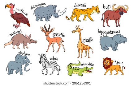 Large set of African animals. Funny animal characters in cartoon style. Children's illustration. Vector collection.
