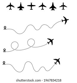 large set of aircraft and flight icons from start point and along trajectory isolated on white background. Airplane dotted route line the way airplane. Vector Illustration eps 10