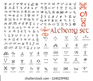 Large set of alchemical symbols isolated on white. Hand drawn elements for design. Mystical, esoteric, occult theme. Vector illustration.