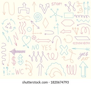large set of all kinds of arrows and pointers in pastel colors. openwork, curves, straight, round and corner elements.