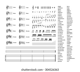 Large set of all music signs, keys, tonality and note staves for note transcription isolated on white