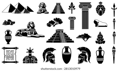 Large set of ancient civilization icons including Egyptian pyramids, Great Sphinx, Mayan ziggurats, Greek columns, Spartan helmets, Roman amphorae, scrolls, and torches. Black silhouettes.