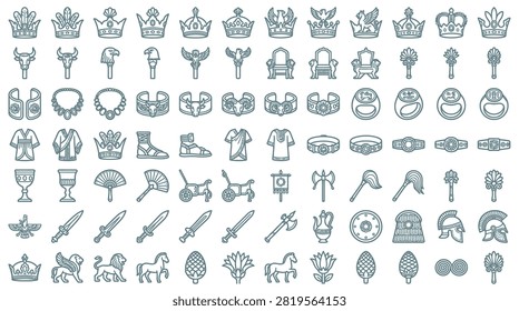 Large set of ancient civilization line icons featuring crowns, thrones, jewelry, weapons, armor, and cultural artifacts from Greek, Roman, Egyptian, and Persian history on white.