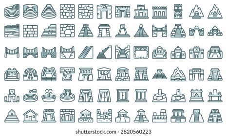 Large set of ancient civilization line icons featuring Inca and Mayan architecture such as step pyramids, stone walls, mountain terraces, ritual altars, temple gates, and rope bridges.
