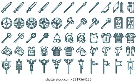 Large set of ancient warfare line icons including Roman and medieval weapons, swords, shields, helmets, body armor, banners, and cavalry equipment on a white background.