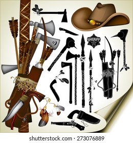 a large set of ancient weapons of American Indians and sheriffs