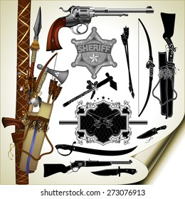 a large set of ancient weapons of American Indians and sheriffs