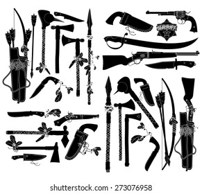 a large set of ancient weapons of American Indians and sheriffs