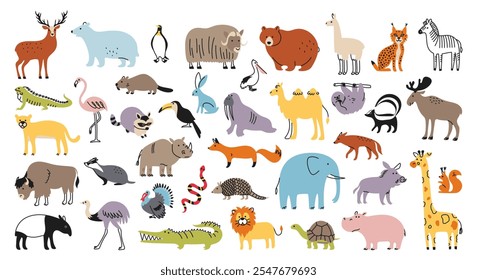 Large set of animals of America, Europe and Africa. Wild animals, reptiles and birds. Linear vector characters in doodle flat style