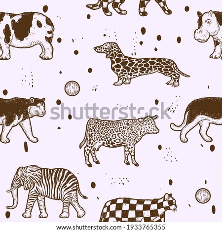 Large set, animals of atypical coat color. Sketch scratch board imitation. Seamless background.
