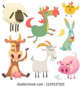 A large set of animals and birds with a farm in a cartoon style. Flat vector illustration isolated on white background. Cow, horse, chicken, bunny rabbit, pig, goat and sheep