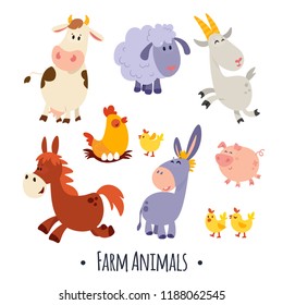 A large set of animals and birds with a farm in a cartoon style. Flat vector illustration isolated on white background. Cow, sheep, goat, chicken, hen, pig, horse, donkey