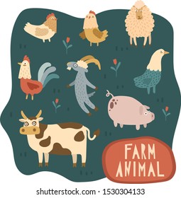 A large set of animals and birds with a farm in a cartoon style. Flat vector illustration. Animal info graphic. Сhicken, chicken, goose,cow, goat, rooster, sheep, pig and piglet.