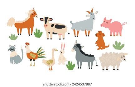 A large set of animals and birds with a farm in a cartoon style. Flat vector illustration isolated on white background