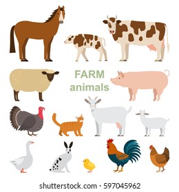 A large set of animals and birds with a farm in a cartoon style. Flat vector illustration isolated on white background
