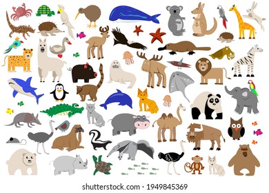large set of animals from different continents. Educational poster for children. various Marine animals, predators, herbivores. Zoology for preschoolers, schoolchildren. Flat design