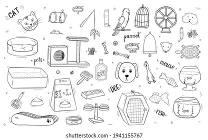 A large set of animals and pet accessories with lettering. Doodle icons black and white isolated objects on white.