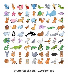 Large set with animals. Zoo collection for children. Vector illustration in cartoon style. Stickers. Africa and Antarctica. Predators, rodents, birds and marine life.