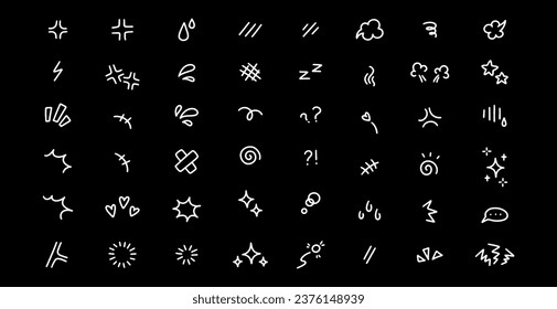 Large set of anime emoji in doodle style. Linear icons of emotions. Linear vector illustration on a black background