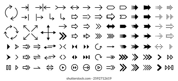 Large set arrows. Collection different arrows sign. Set different cursor arrow direction symbols. Black arrows icons. Linear arrows, flat, dotted. Modern arrow set. Vector collection cursor