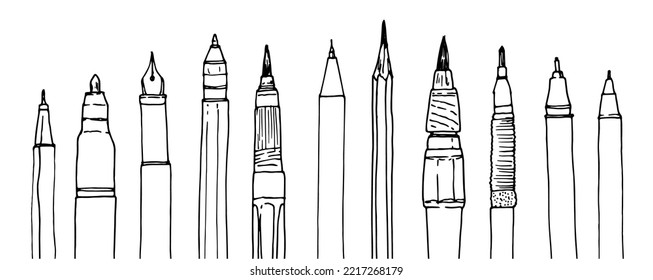 a large set of art supplies, a marker and a brush, a pencil and a black isolated contour on white for a template for the design of labels of notebooks notebooks