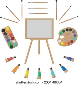 Un gran conjunto de artistas compuesto por pinturas, pinceles, un caballete, una paleta para mezclar pinturas y pinturas en tubos. Un kit de dibujo escolar. Lienzo para la creatividad. Ilustración vectorial.