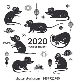 A large set of Asian rats in various poses. Chinese rat is a symbol of 2020. Festive elements for New Year calendars and design. flat vector illustration with chinese clouds, lanterns and flowers