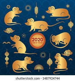 A large set of Asian rats in various poses. Chinese rat is a symbol of 2020. Festive elements for New Year calendars and design. flat vector illustration with chinese clouds, lanterns and flowers