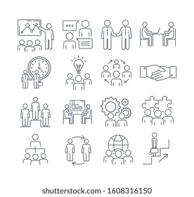 Large set of assorted black and white business icons with people working in an office, meeting, presentation, handshake, problem solving, ideas and creativity, vector illustration