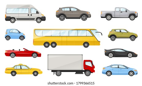 Large set of assorted cars and vehicles with cab, saloon, truck, bus, sports car, cabriolet and van isolated on white, colored vector illustration