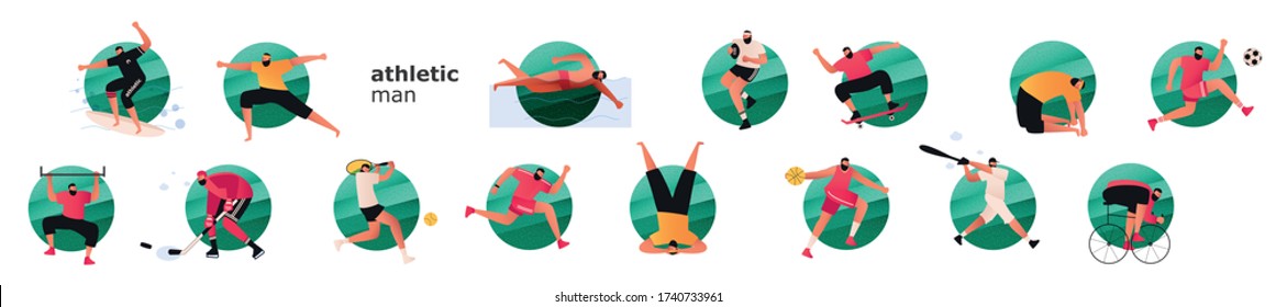 A large set of athletes from popular sports. Super emblem athletes. Vector illustration of active sports