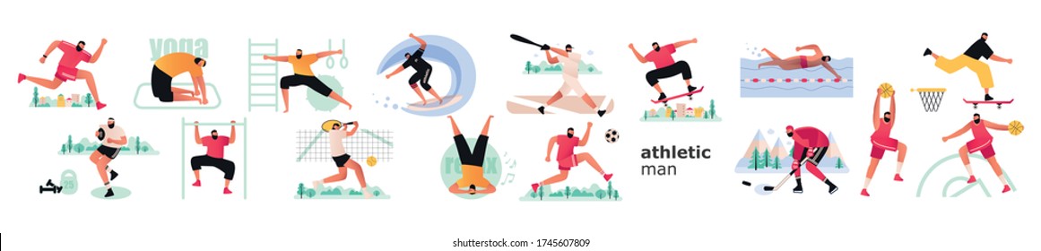 A large set of athletes from popular sports. Super emblem athletes. Vector illustration of active sports