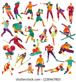 Large set with athletes. Sport, winter sport. Hockey, biathlon, snowboarding, skating, ice skiing, figure, freestyle, football, basketball, soccer, golf, tennis, running. Vector illustration