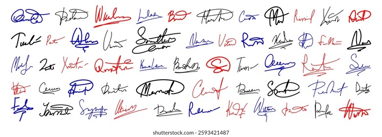 A large set with autograph. Vector handwritten signature. Forged autograph written in different handwritings. Examples of documents and contracts with red, blue ink and pencil signatures.