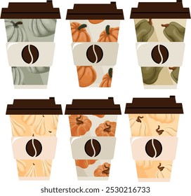 large set of autumn takeaway coffee cup templates with white, green and orange pumpkins and brown lids, for different drink designs