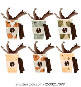 large set of autumn takeaway coffee cup templates with orange, green and white pumpkins and coffee splashes, for different drink designs