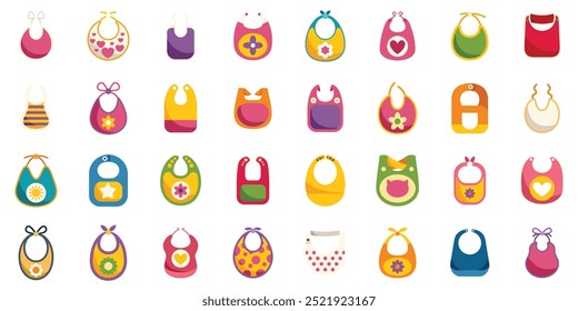 Large set of baby bibs in different colors and with different patterns, protecting babies' clothes while eating