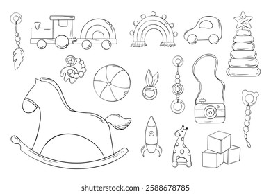 Large Set of baby wooden toys Silhouette. Sketch of Children rocking horse, cubes, teething toy. Hand Drawn linear Symbol rocket, pyramid. Engraving illustration for party, birthday invitation, baby