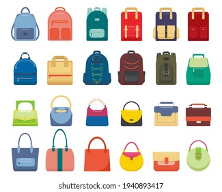 Large set of backpacks and handbags, isolated on white background. Colorful, multi-colored sports, tourist and women's backpacks and bags of various shapes.  Vector illustration in flat cartoon style