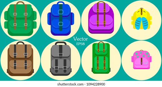 A large set of backpacks and suitcases. For traveling and recreation, backpacks for the whole family. Vector EPS8.