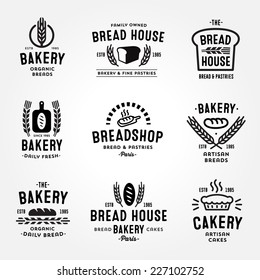 Large set of bakery and bread shop logos, labels, badges and design elements (bread, loaf, wheat ear, cake icons)