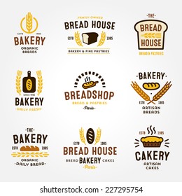 Large set of bakery and bread shop logos, labels, badges and design elements (bread, loaf, wheat ear, cake icons)