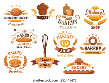 Large set of bakery labels or badges decorated with wheat, bread, tarts, croissant, baguette, pretzel, whisk, toque, and rolling pin with various texts